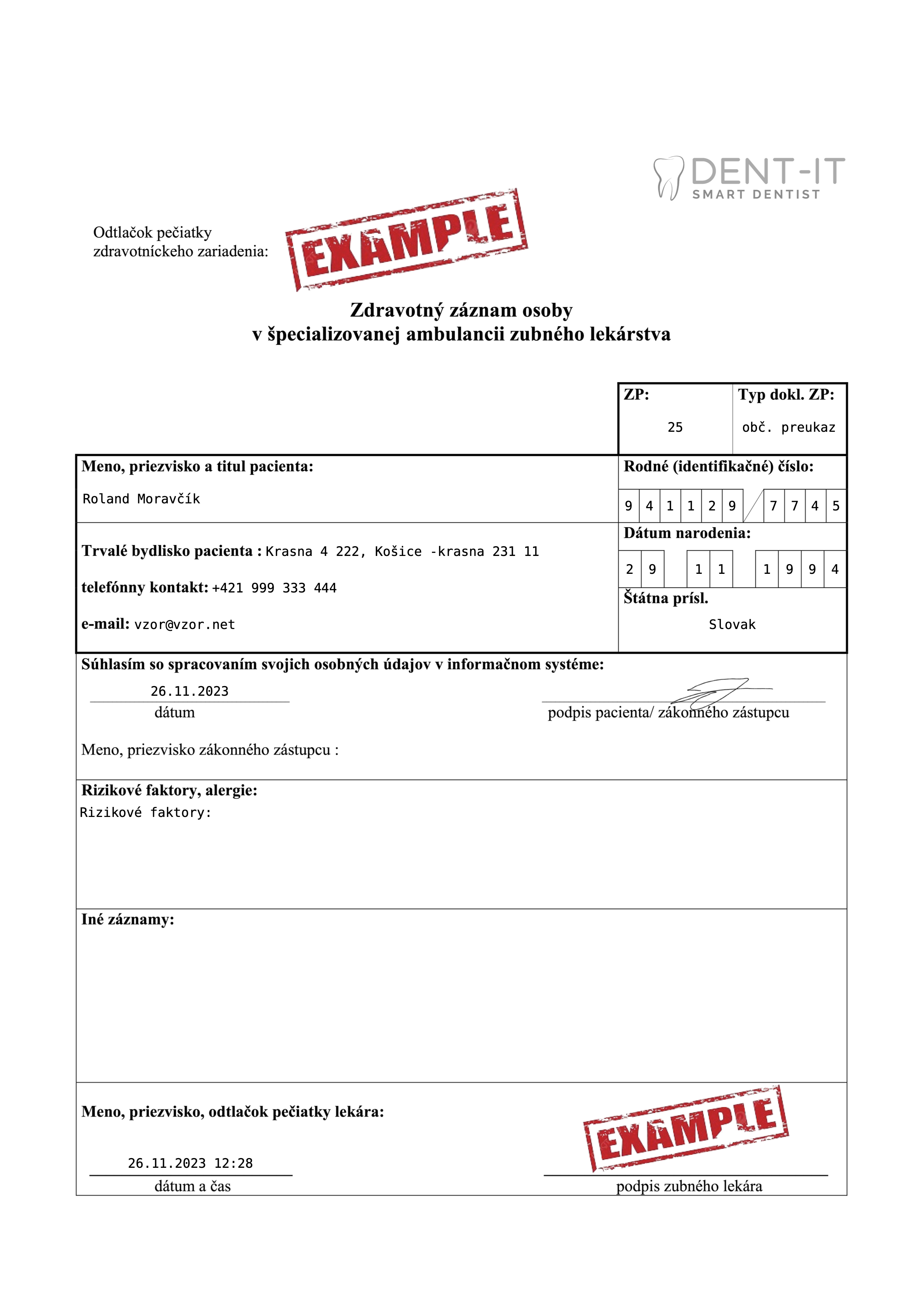 Vstupný zdravotný záznam pacienta